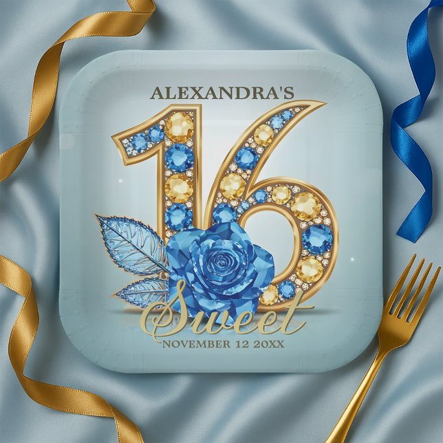 Plato De Papel Glitzy Luxury Blue Rose Gold Gemstone Sweet 16 (Subido por el creador)