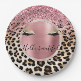 Plato De Papel Glitzy Purpurina Rosa Oro Eyelashes Leopardo