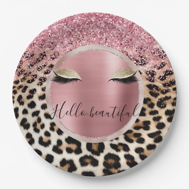 Plato De Papel Glitzy Purpurina Rosa Oro Eyelashes Leopardo (Anverso)