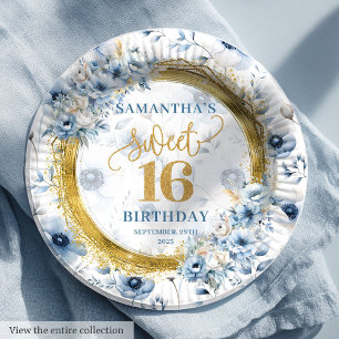 Plato De Papel Glitzy Sweet Dieciséis Placas Fiestas de oro azul