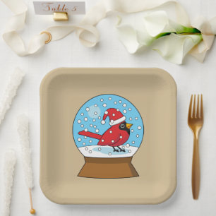 Plato De Papel Globe de nieve con cardenal rojo curado