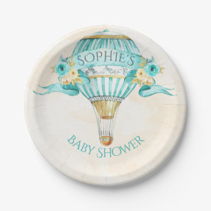 Plato De Papel Globo aerostático turquesa oro amarillo rosas