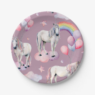 Plato De Papel Globo arcoiris Unicornio Chica de fiesta de cumple