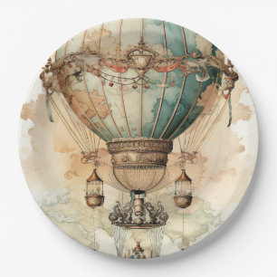 Plato De Papel Globo de aire caliente azul Vintage Steampunk Blue