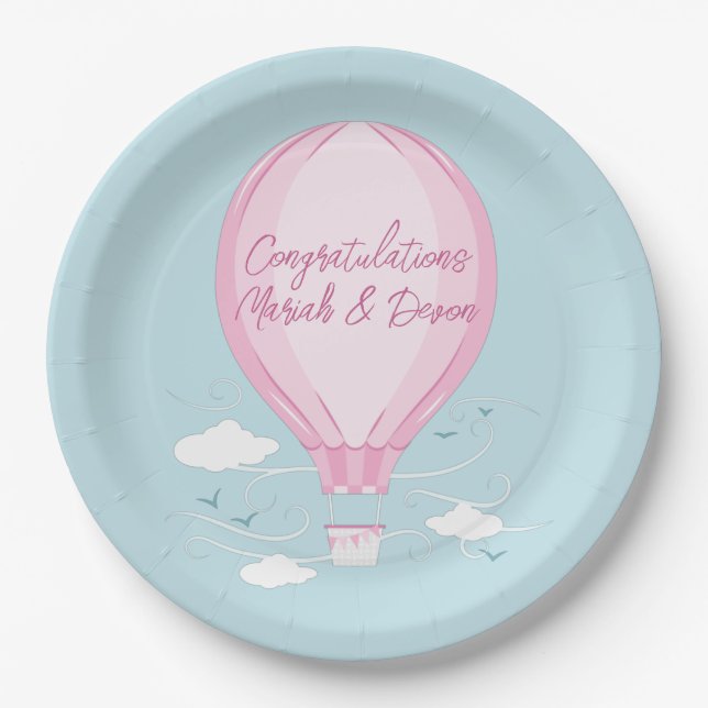 Plato De Papel Globo de aire caliente Baby Shower Pink (Anverso)