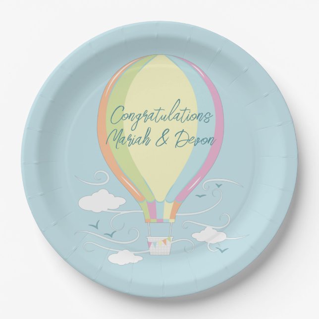 Plato De Papel Globo de aire caliente Baby Shower Rainbow (Anverso)