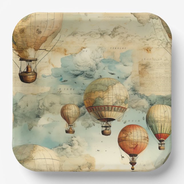 Plato De Papel Globo de aire caliente de época en un paisaje sere (Anverso)