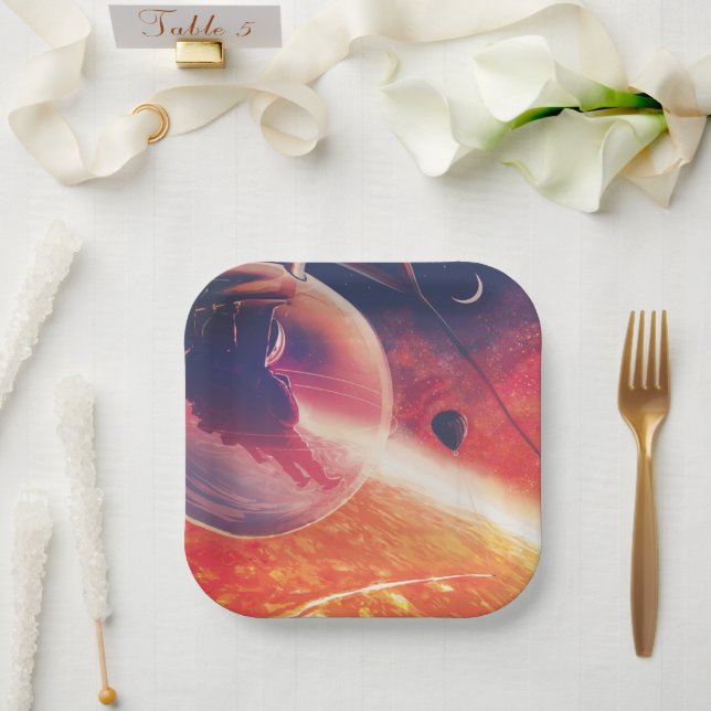 Plato De Papel Globo de aire caliente extremo sobre el paisaje vo (Boda)