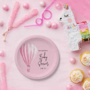 Plato De Papel Globo de aire caliente rosa Ducha bebé