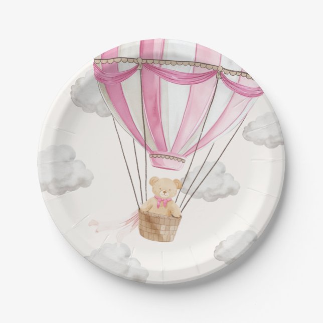 Plato De Papel Globo de aire caliente rosado Teddy Bear (Anverso)