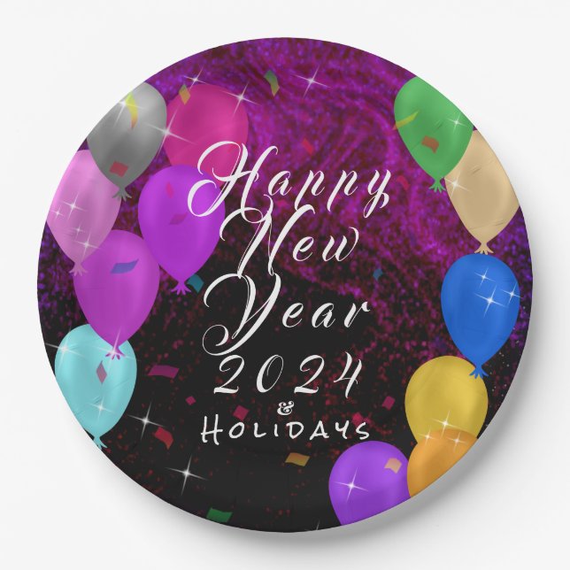 Plato De Papel Globo de Año Nuevo feliz (Anverso)