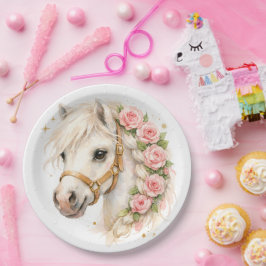 Plato De Papel Globo de caballo blanco de acuarela elegante con r