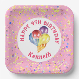 Plato De Papel Globo de Confetti Rosa de Cumpleaños Feliz Persona