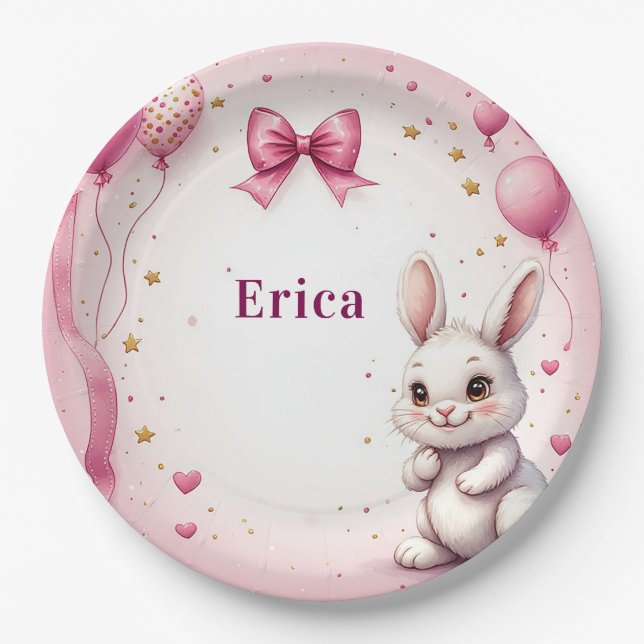Plato De Papel Globo de cumpleaños de conejito rosa 🐰 (Anverso)
