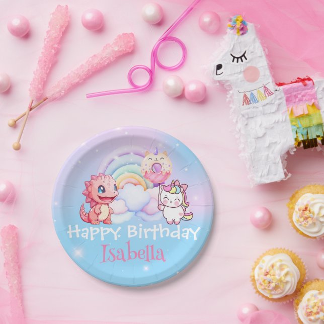 Plato De Papel Globo de donut arcoiris unicornio lindo cumpleaños (Fiesta)