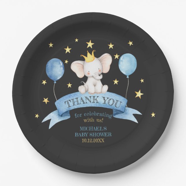 Plato De Papel globo de elefante bebé con tiza negra (Anverso)