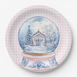 Plato De Papel Globo de Nieve Abuela Rosa y Azul Damasco