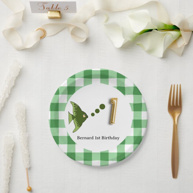 Plato De Papel Globo de papel de aluminio dorado con gingham verd (Boda)