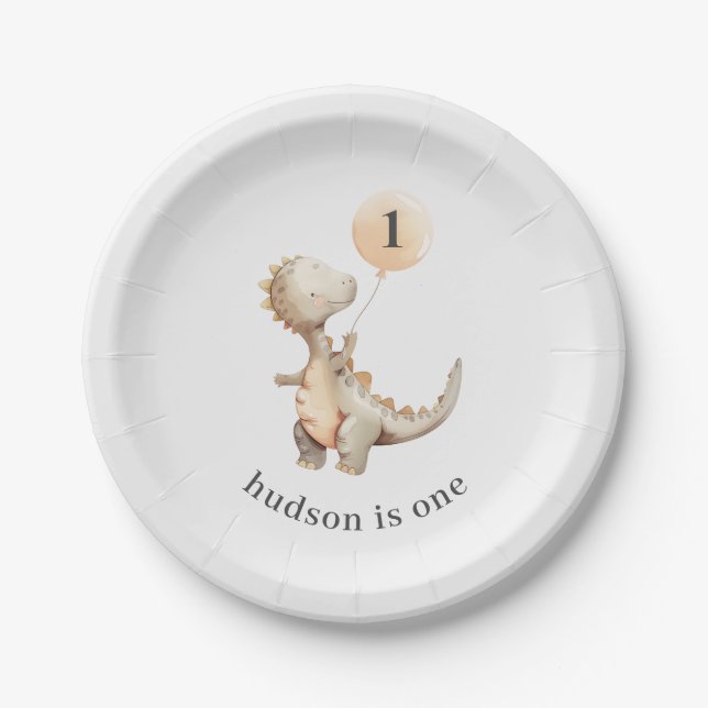 Plato De Papel Globo de primer cumpleaños de Dinosaurio (Anverso)