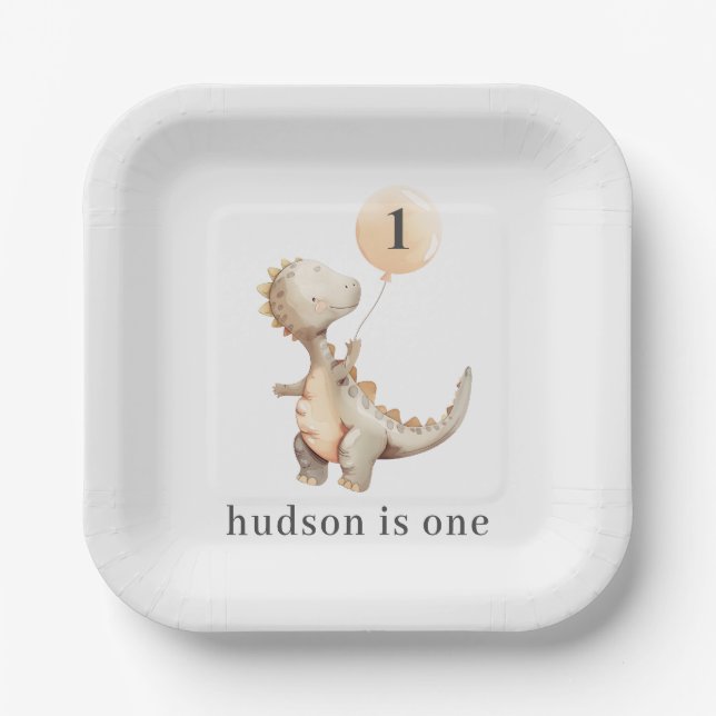 Plato De Papel Globo de primer cumpleaños de Dinosaurio (Anverso)