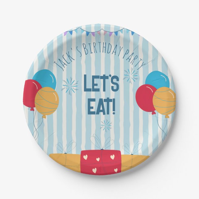 Plato De Papel Globo de rayas azules Cumpleaños infantil  (Anverso)