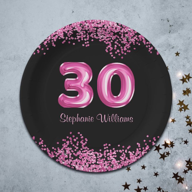 Plato De Papel Globo de Relieve metalizado rosa negro Glam 30 Fie (Personalize with name of Birthday celebrant)