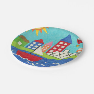 Plato De Papel Globo del velero y del aire caliente con paisaje