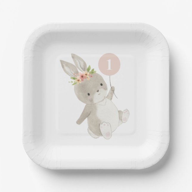 Plato De Papel Globo rosa conejo 1er cumpleaños (Anverso)