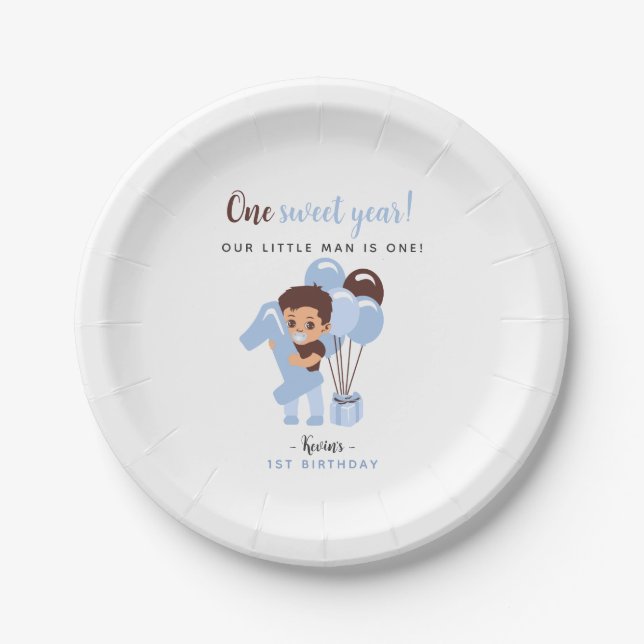 Plato De Papel Globos Azules Bebé Niño Primer Cumpleaños  (Anverso)
