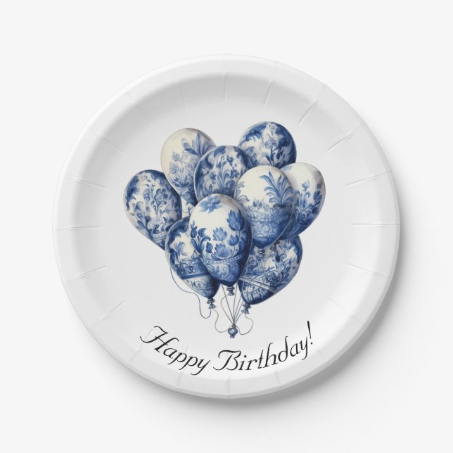 Plato De Papel Globos azules Delft, personalizable (Anverso)