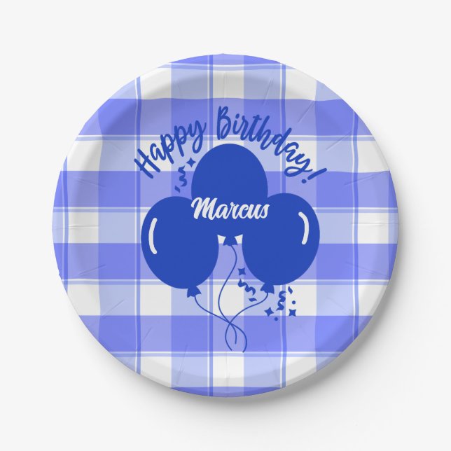 Plato De Papel Globos azules personalizados de cumpleaños comprob (Anverso)