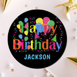 Plato De Papel Globos Coloridos Personalizados FELIZ CUMPLEAÑOS<br><div class="desc">Coloridos platos de papel desechable de cumpleaños feliz. Globos de diferentes colores vibrantes con estrellas,  gorras confetti y fiestas. Fondo negro. Personalizar agregando el texto.</div>