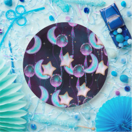 Plato De Papel Globos cósmicos | Planetas Blue Purple Moon Stars