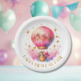 Plato De Papel Globos de aire caliente de bonito rosa y dorado Pe