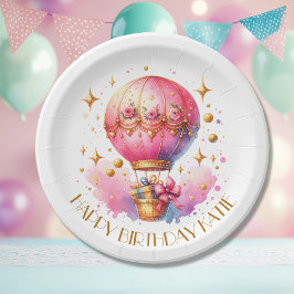 Plato De Papel Globos de aire caliente de bonito rosa y dorado Pe