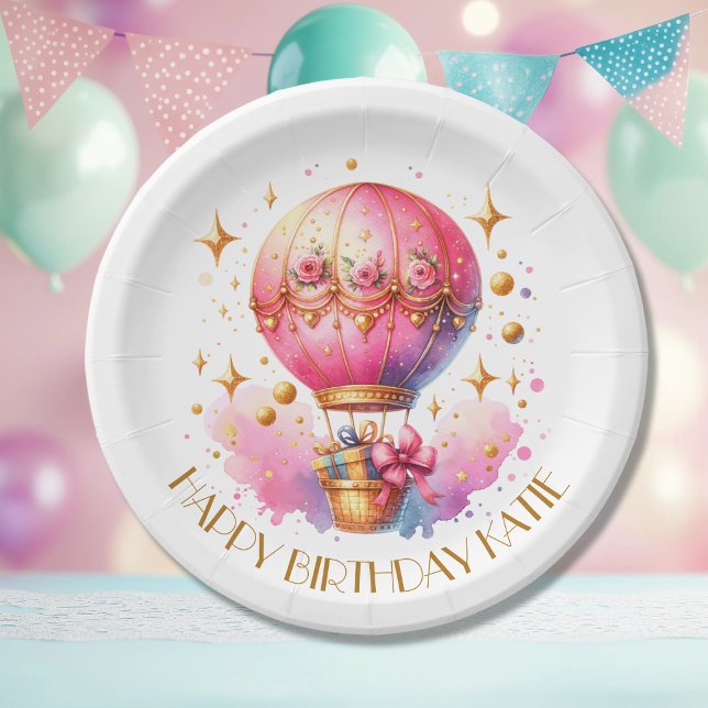 Plato De Papel Globos de aire caliente de bonito rosa y dorado Pe (Subido por el creador)