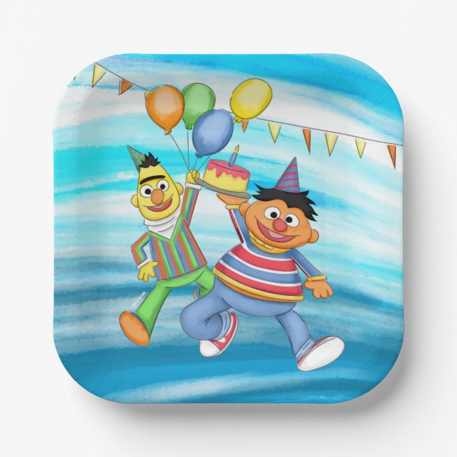 Plato De Papel Globos de Bert y Ernie Birthday (Anverso)
