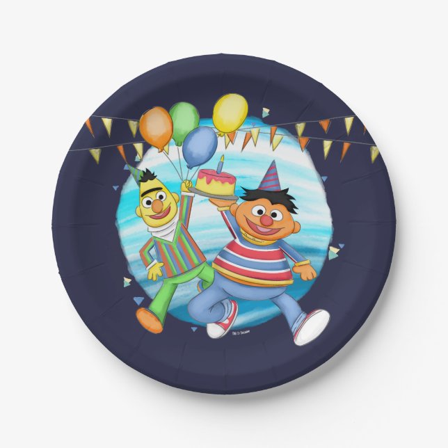 Plato De Papel Globos de Bert y Ernie Birthday (Anverso)
