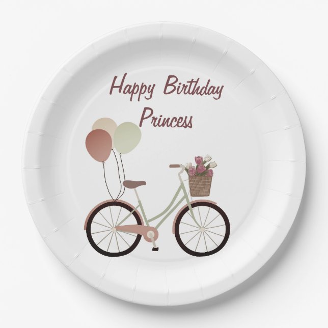 Plato De Papel Globos de ciclismo de princesa Girly Pink Happy Bi (Anverso)