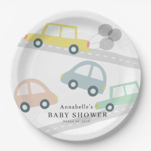 Plato De Papel Globos de coches amarillos Baby Shower blanco