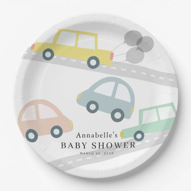 Plato De Papel Globos de coches amarillos Baby Shower blanco (Anverso)