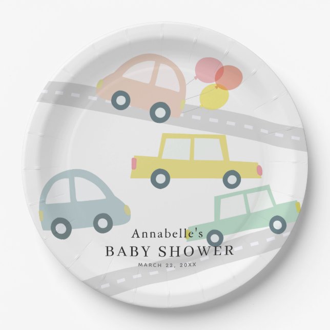 Plato De Papel Globos de coches rosados Chica blanco Baby Shower (Anverso)