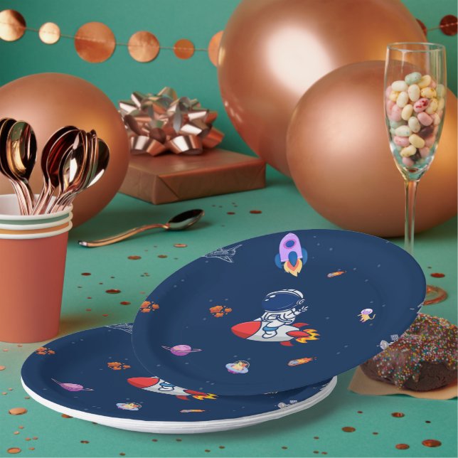 Plato De Papel Globos de Cohetes - Fiesta de Cumpleaños con Tema  (Multi)