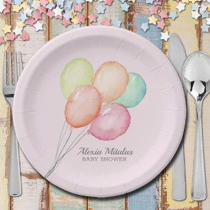 Plato De Papel Globos de color de agua en Baby Shower rosa
