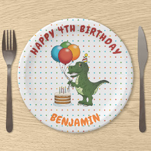 Plato De Papel Globos de colores de T-rex Dinosaurio Nombre de ni