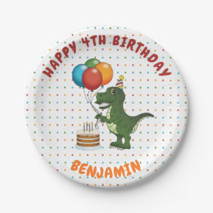 Plato De Papel Globos de colores de T-rex Dinosaurio Nombre de ni