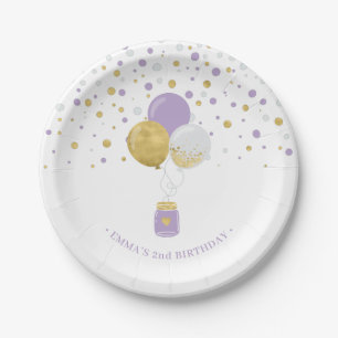 Plato De Papel Globos de confeti dorados y morados Cumpleaños 1