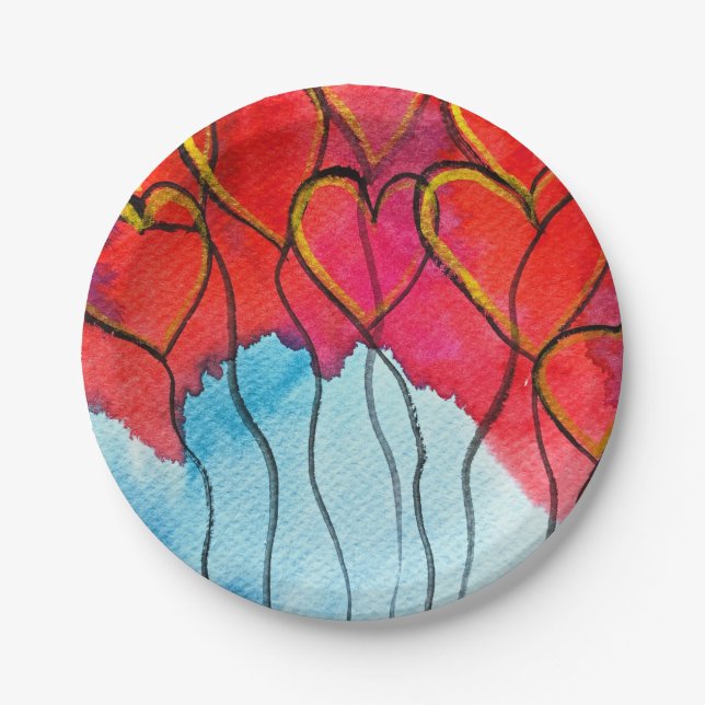 Plato De Papel Globos de corazón rojo San Valentín acuarela (Anverso)