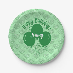 Plato De Papel Globos de corazones verdes felices de cumpleaños p