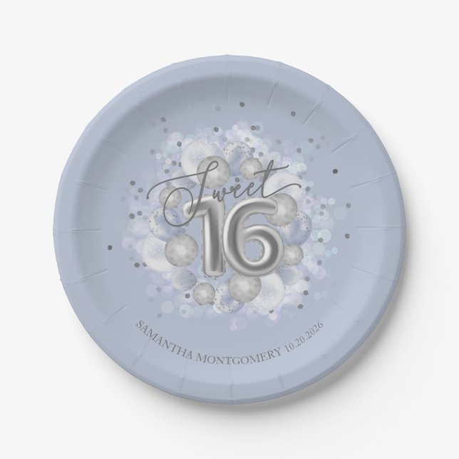 Plato De Papel Globos de cumpleaños 16 dulces plata hoja azul pol (Anverso)